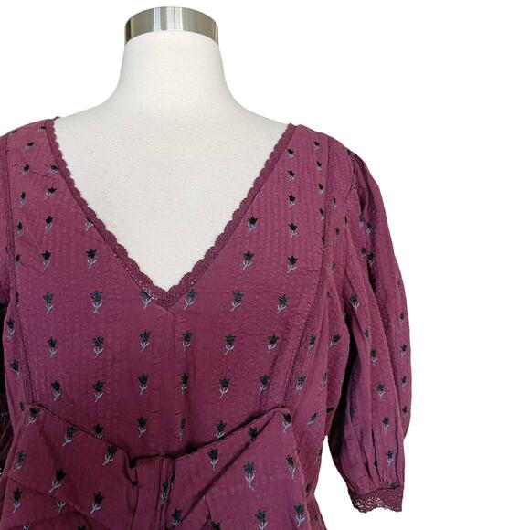 LOVESHACKFANCY Lena Dress Short Puff Sleeves Burgundy Floral Bow V-Neck Medium - Picture 5 of 10